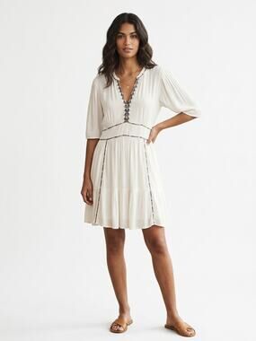 ba&sh Teresa Embroidered V-Neck Mini Dress Ecru Size L Flowy Boho Bride Viscose